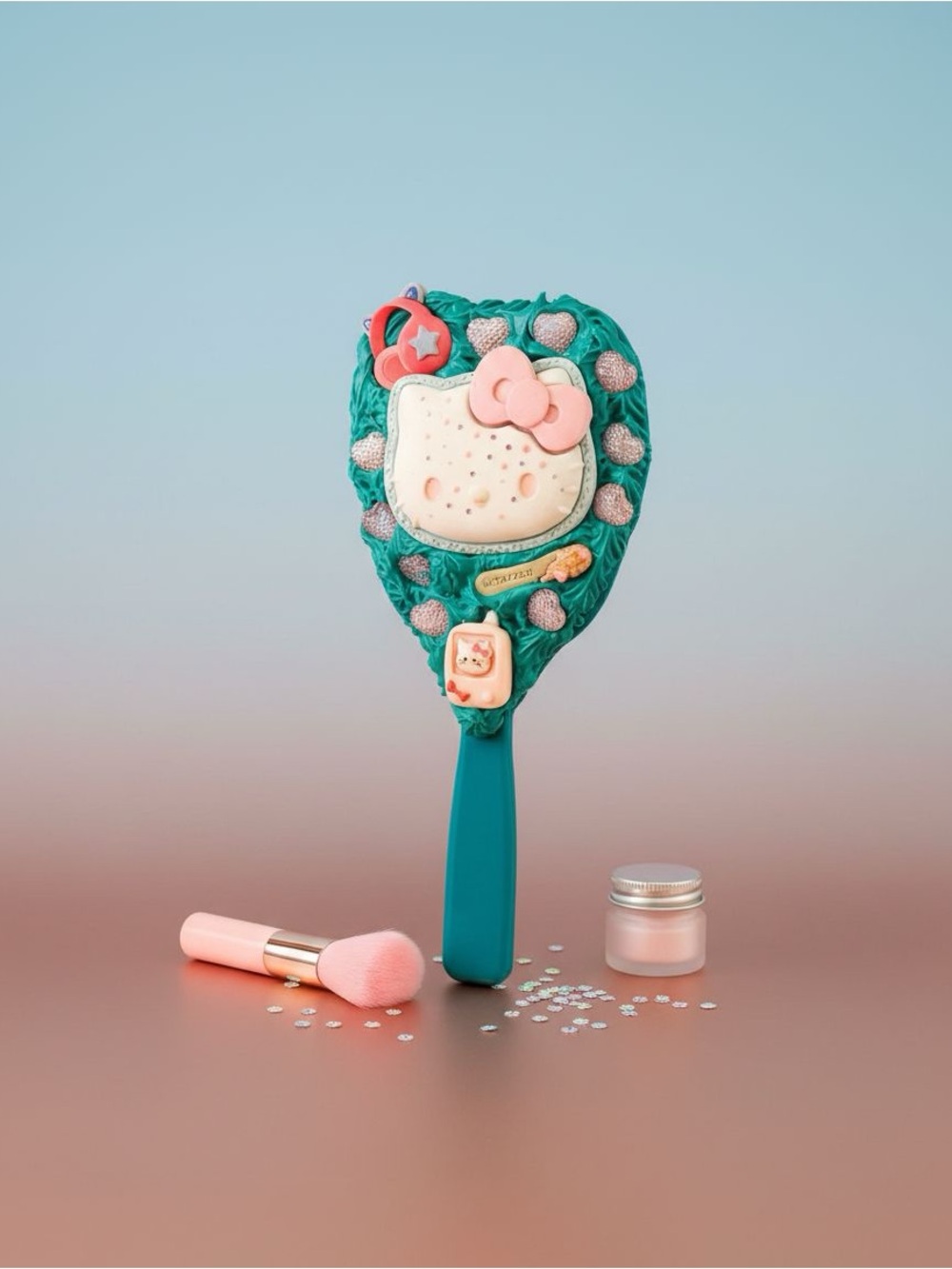 Handcrafted Hello Kitty Mirror in Teal and Pink